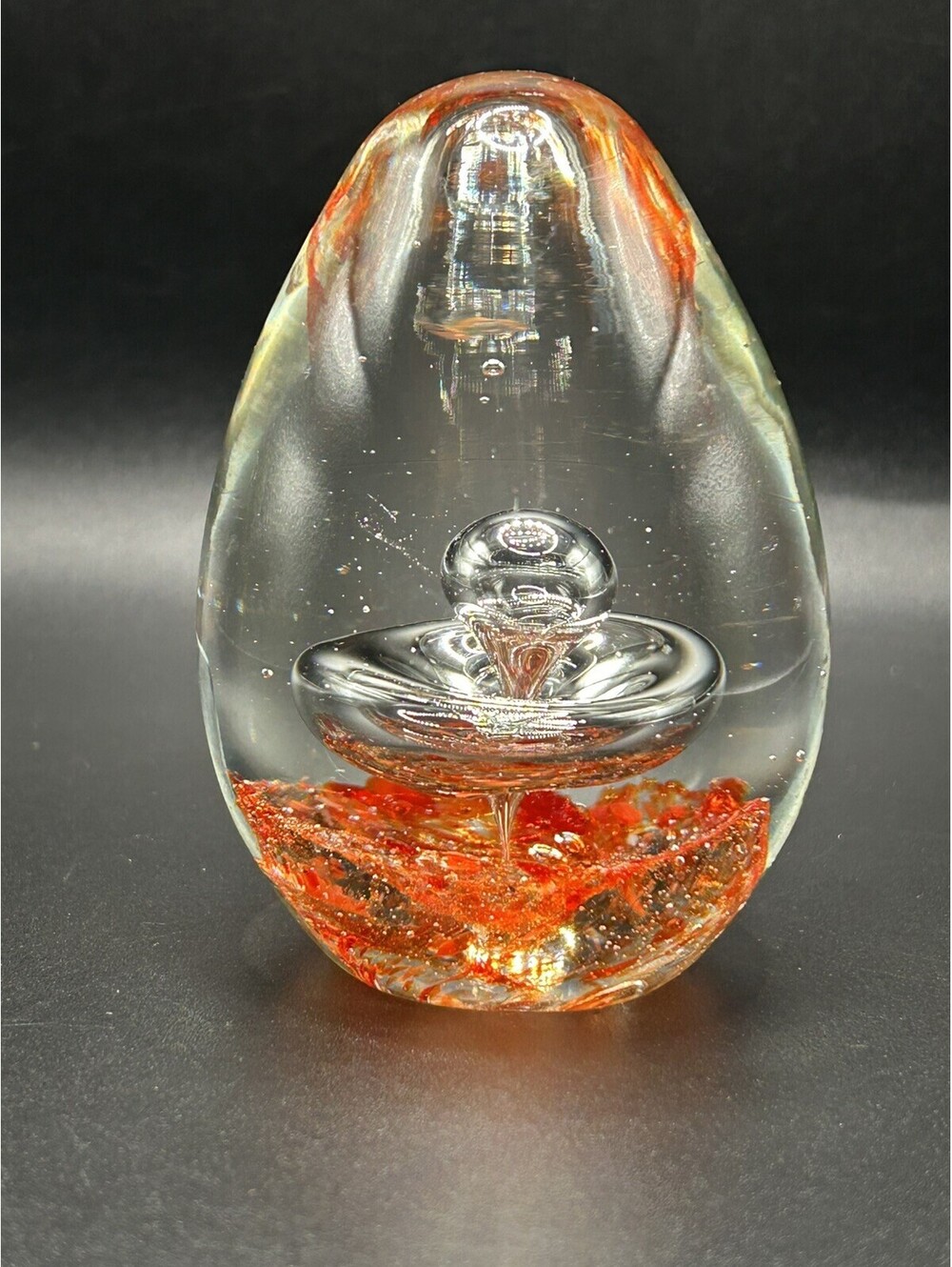 Vintage Glass Paperweight Clear w/Orange Base Controlled Bubble 1970’s